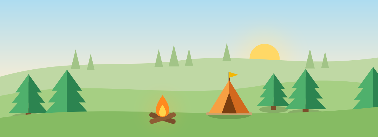 A camp in the forest: a tent, a campfire and pine trees